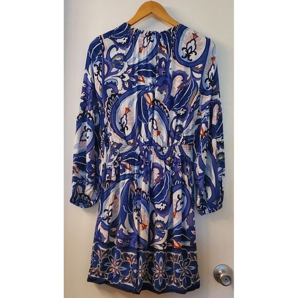 Crown & Ivy Dress Blue Paisley WOM XS Open Neck w/ Detailed Sleeves - Picture 4 of 12